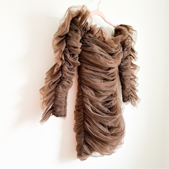 New Mimii London Chocolate Brown Tulle ruffle Bardot mini dress sz Small - Picture 8 of 12